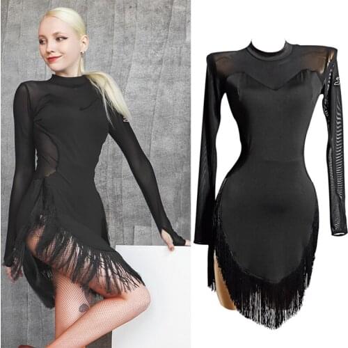 Women Latin Dance Dress Mesh Long Sleeve Fringed Dresss Black Practice Dancewear Salsa Latin Dance Competition Costume VDB3356