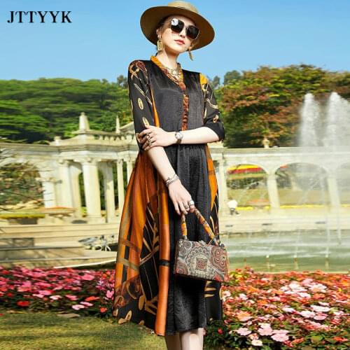 V-neck Plus size Silk Dress New Summer Women Loose Casual Dress Vintage Print beach Dress Sundress Midi Dresses elegant vestido