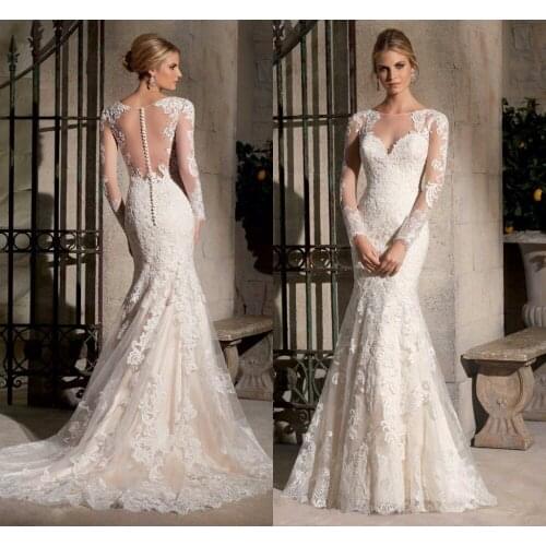 2018 Vintage Mermaid Lace appliques See Through Vestido De Novia bridal gown with Long Sleeves mother of the bride dresses