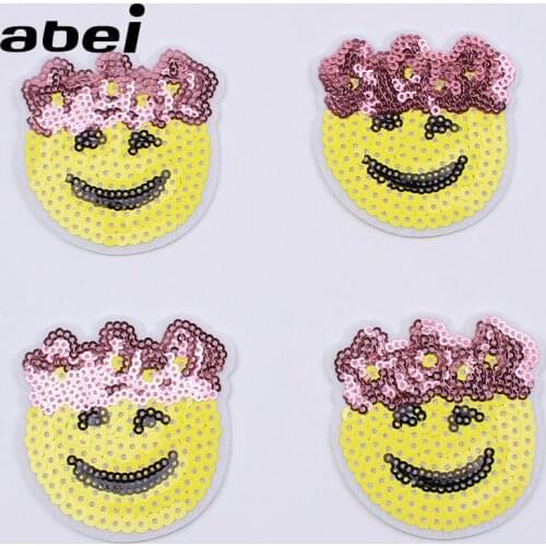 10pcs/lot Funny Sequined Patch for Garments Decors DIY Iron on Sew On Smile Face Appliques Handmade Clothes Appliques Stickers