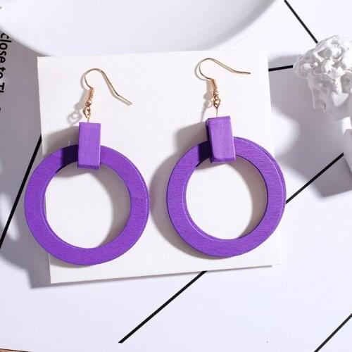 2020 new fashion Purple Mosaic Wood Earrings Geometric Round Square Double Earrings Simple Wood Long Earrings ladies jewelry