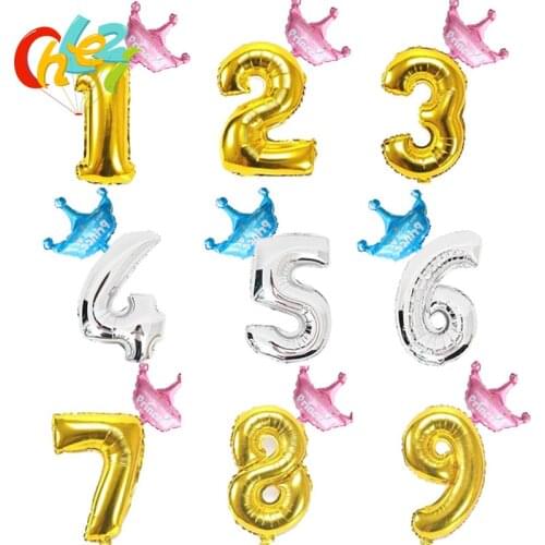 32 Inch Boys Girls Crown Number Foil Balloons 1 2 3 4 5 6 Years Old Kids Newborn Birthday Figure Balloon Baby Shower Decoration