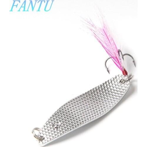 FANTU Fishing Spoon lures 12g/7.5cm Sliver Metal Lure Artificial Hard Bait Treble With Feather 5PCS