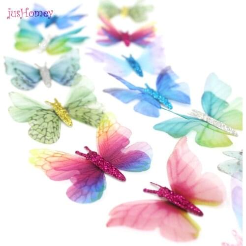 56PCS Gradient Glitter Organza Fabric Butterfly Appliques 45mm Translucent Chiffon Butterfly for Party Decor, Doll Embellishment