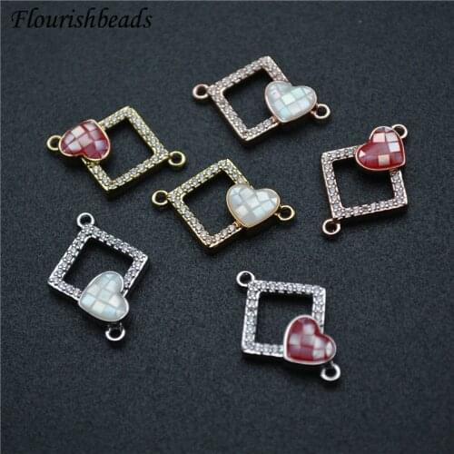 Natural Shell Heart Cover CZ Beads Square Beads Two Loops Jewelry Connectors Bracelet Charms Necklace Pendant
