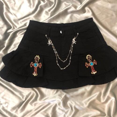 Diamond Cross Beading Jeans Skirt Y2K Gothic Punk Rock Design Girls Vintage Sub Culture Black Tuku Mini Denim Skirt