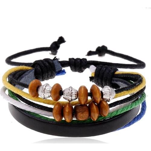 Jessingshow Wood Beads Charm Handmade Men Leather Bracelets Women Ethnic Adjustable Bangle Male Homme Jewelry Accessories