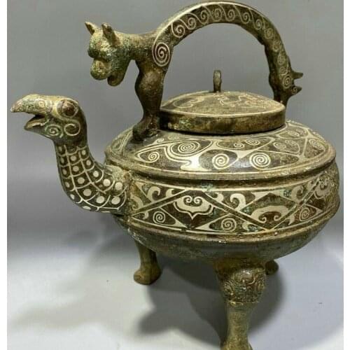 China Bronze Ware Silver Dragon Pixiu Beast Bird Birds Animal Pot Kettle Jar