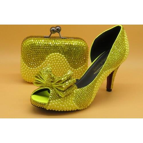BaoYaFang Yellow crystal Peep toe shoes Women Wedding shoes and bags set Open side Fashion shoes for woman High Pumps