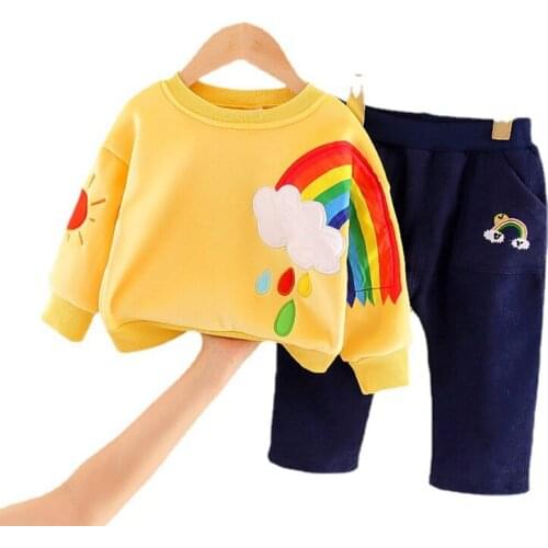 Girls Clothing Sets Autumn Winter Thicken Plus Velvet Warm Toddler Tracksuit Long Sleeve Childrens Rainbow Pattern Costume