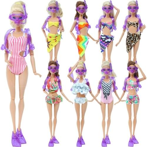 Doll Bikini Swimsuit Dress + Purple Dive Equipment Glasses Accessories Cute Swimwear Skirt Beach Bathing Clothes for Barbie Doll