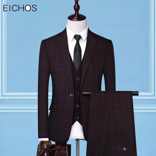 New Brand Men Suits Fashion Plaid Tuxedo Suit Male (Jacket+Vest+Pants) Korean Style Single Button Slim Men Wedding Suits