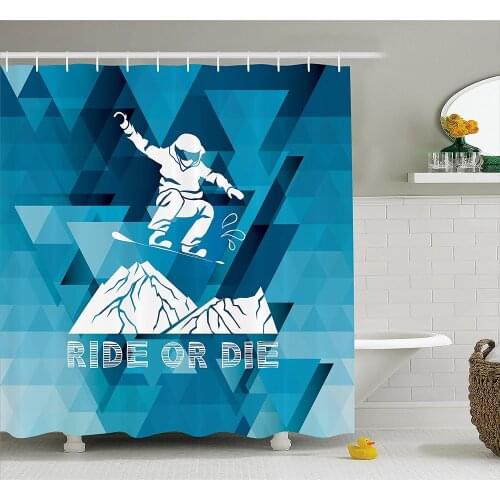 Adventure Shower Curtain Ride Or Die Sketch Letters Abstract Fractal Backdrop with Snowboarding Man Waterproof Bath Curtains