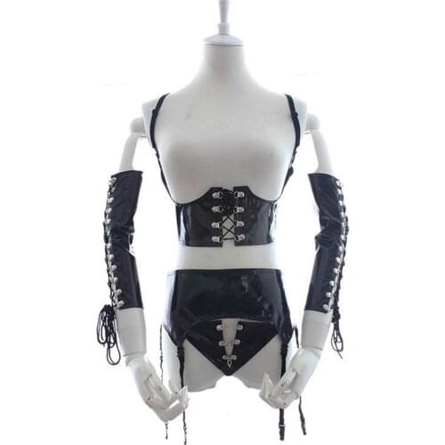 Sexy PVC Leather Mistress Costume Set Wet Look Under Bust Corset Waist Cincher Garter Belt Gloves Fetish Lingerie