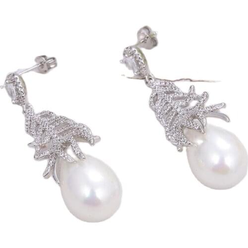 JK White Sea Shell Pearl White Gold Color Plated Cz Pave Feather Earrings For Women Ethnic Style