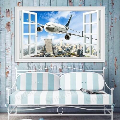 Modern Plane Aircraft Scenery Pretend Window 3D Wall Design Art Canvas Painting Posters Pictures Prints Home Living Room Decor
