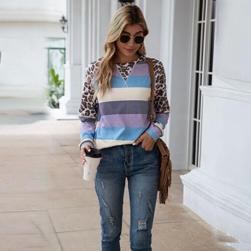 Long Sleeve T Shirt for Women Y2k Striped Leopard Patchwork Femme Blouse Tops Clothes Fashion Casual Streetwear V Neck Blusas