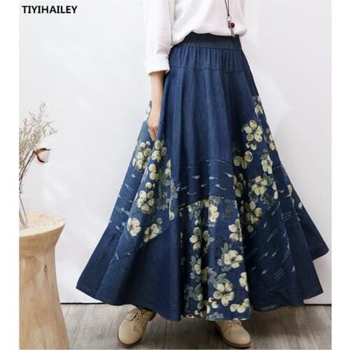 TIYIHAILEY Free Shipping 2021 Long Maxi A-line Women Elastic Waist Spring And Summer Denim Vintage Print Big Hem Jeans Skirt