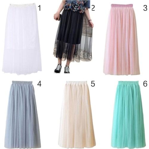 80CM Women High Waist Three Layer Sheer Mesh Pleated Tulle Midi Long Skirt Sweet Solid Candy Color Drape Swing Loose Skirt New