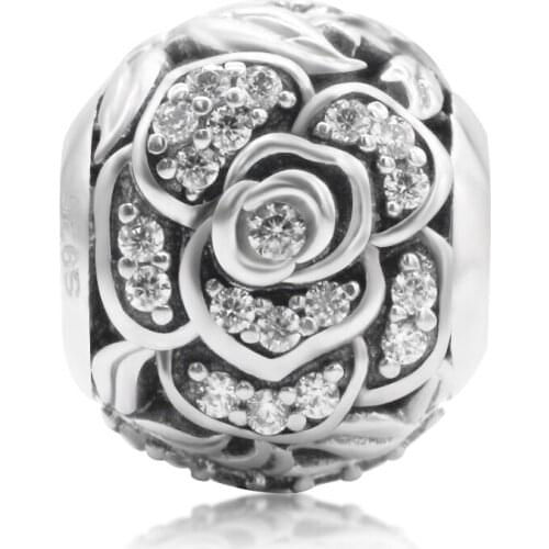 Summer Collection 925 sterling silver openwork rose charm and clear CZ Fit bracelet fashion beads jewelry production