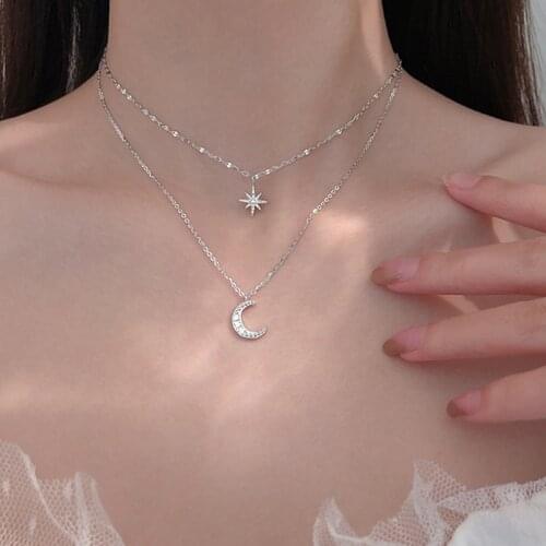 Simple Stars Double Layer Choker Shiny Zircon Moon Pendants Necklaces For Women Gift Fine Fashion Jewelry
