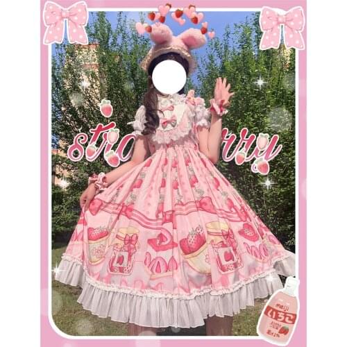 Japanese soft sister Lolita strawberry cake lace edge stitching high waist Lolita jsk dress female summer Sleeveless dress