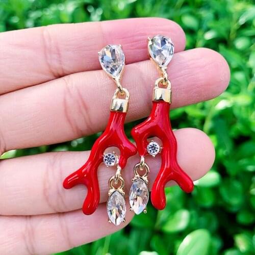 SAY 1Pair Crystal Glass Charm Alloy Dripping Oil Red Blue Alloy Coral Earrings for Women Girl Dangle Drop Earring серьги