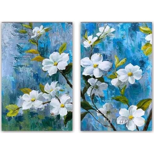 2PCS Plum Flower Art Oil Painting 100% Hand Painted 2 Panels Wall Decor Canvas Art Unframed Flower Paintings Artwork For Decor