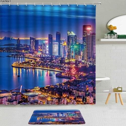 2Pcs City Night View Bridge Shower Curtain Building Architecture Landscape Fabric Non-Slip Bath Mat Bathroom Curtains Decor Set