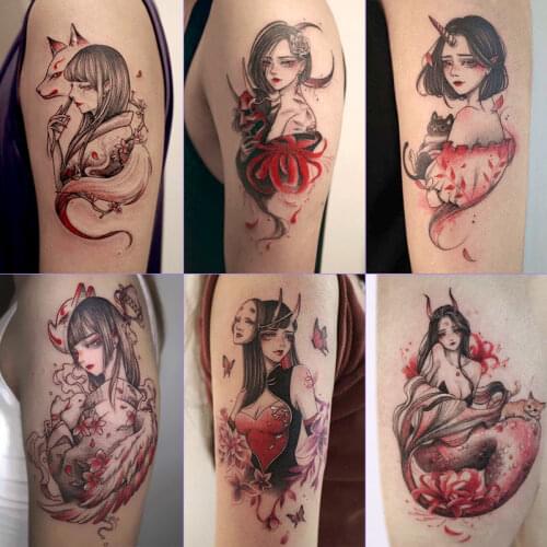 Waterproof Temporary Tattoo Sticker mermaid Higanbana Flowers colour Body Art Arm Fake Sleeve Tatoo Women Water transfer Tattoo