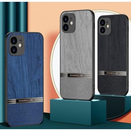 Luxury PU Leather Wood Grain Phone Case For iPhone 12 11 Pro XS Max SE XR X 8 7 Plus SE 2020 Soft Silicon Back Cover Coques Gift