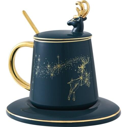 Exquisite Elk Ceramic Mug With Golden Handle Fashionable Dark Green Afternoon Black Tea Cup