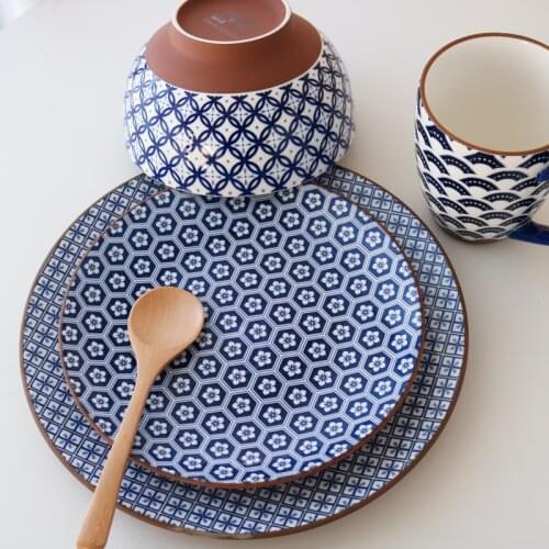 Ceramic Tableware Set Underglaze Blue and White Coarse Ceramic Mosaic Texture Plate Noodle Bowl Mug