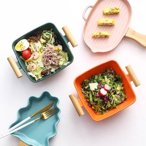 Creative ceramic salad bowl baking tray with wooden handle ins wind net red family tableware Western plate soup bowl