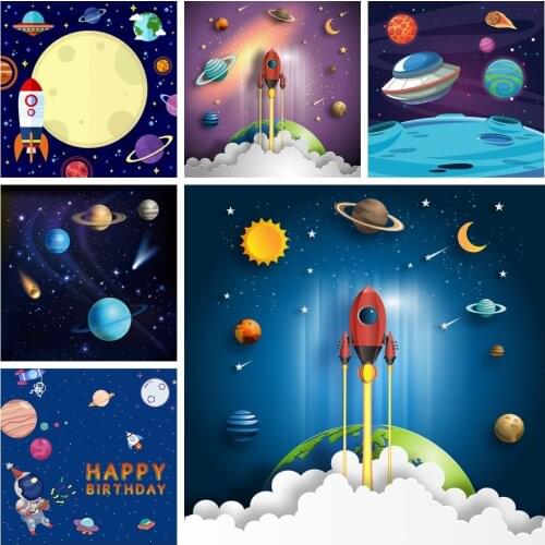 Laeacco Space Universe Earth Rocket Planet Clouds Baby Birthday Photography Backgrounds Photographic Backdrops For Photo Studio