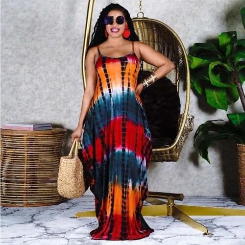 Summer Bohemian Dress Women Tie-Dye Print Sexy Sleeveless Sling O-neck Pocket Long Dresses Casual Plus Size Streetwear Dress