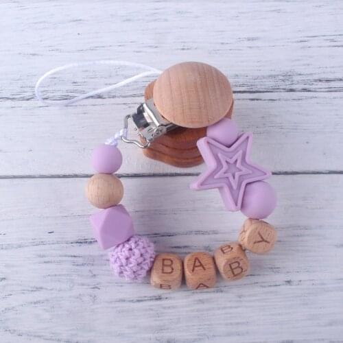 Personalize Name Baby Pacifier Clips Star Soother Chain Infant Dummy Clips Beech Wood Newborn Baby Pacifier Holder Chain