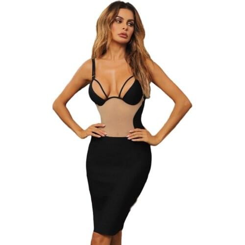 Free Shipping Wholesale Summer Womens Dress Black Spaghetti Strap Beige Mesh V-Neck Sexy Celebrity Cocktail Party Bandage Dress