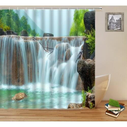 Natural Scenery Shower Curtains Waterfall Forest Stone Plants Mountain Water Landscape Pattern Bath Decor Cloth Hanging Curtain