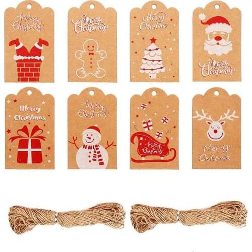Christmas Ornaments Kraft Paper Gift Tag Santa Claus Snowman Elk Pattern Party Gift Wrapping Labels 100pcs With 20m Rope