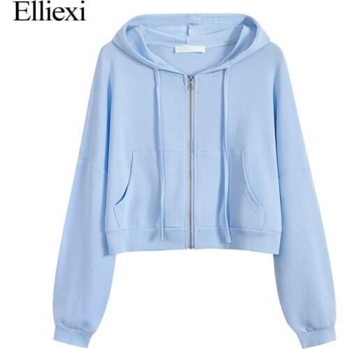 Elliexi Pockets Hoodies Women Cropped Sweatshirt Casual Solid Long Sleeve Zipper Pocket Shirt Hooded Sweatshirt Tops Autumn