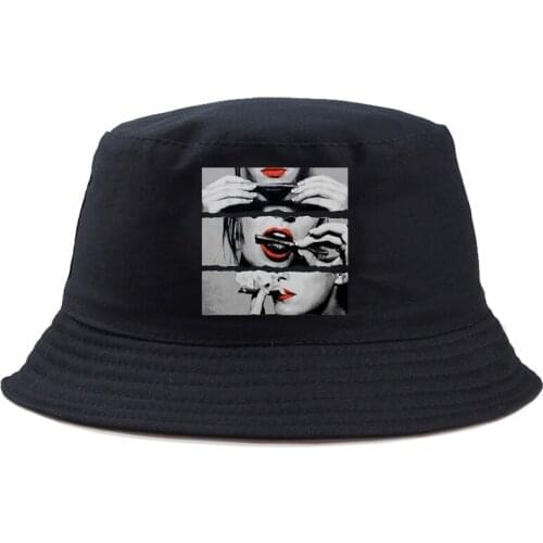 Bucket Hat men red lips smoking T-shirt cotton top tee Cotton Fishing Hunting Cap Outdoor Beach Fisherman Panama Women