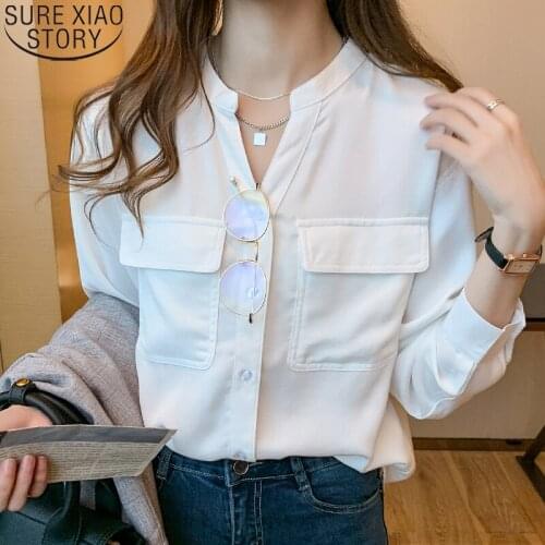 2021 Autumn New Loose V-neck Korean Fashion Chiffon Shirt Women Tops White Blouse Button Up Shirt Pocket Clothes Blusas 15943