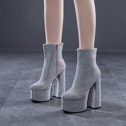 Spring Autumn New Korean Style Fashion Slim Super High Heels Platform Crystal Genuine Leather Women Ankle Short Boots 1222