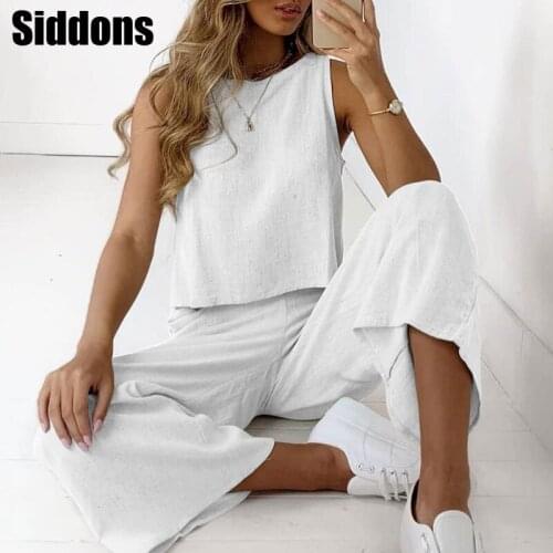 Sexy O-neck Sleeveless Cotton Linen Shirt and Wide Leg Pants Suit Women Two Piece Sets