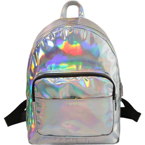 Women backpack hologram laser backpacks girl school bag female simple silver bags leather holographic sac big medium small size