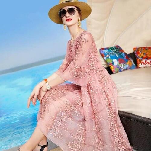 2021 New Summer Women Boho Flower Embroidered Midi Dress Fashion Female Elegant Loose Dresses Vestidos Robes Plus Size 4XL BC207