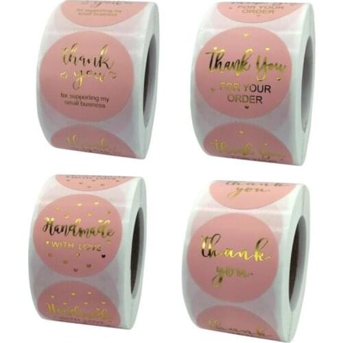 1.5Inch Pink Bronzing Labels Thank You Stickers Decoration Round Paper Scrapbook Sealing Sticky Sticker Stationery Supply 50PCS