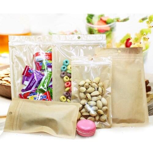 100Pcs/Lot New Style Zipper Top Plastic Bag Kraft Paper Pouch With Clear Window For Dried Food Nuts Candy Party Gift Package