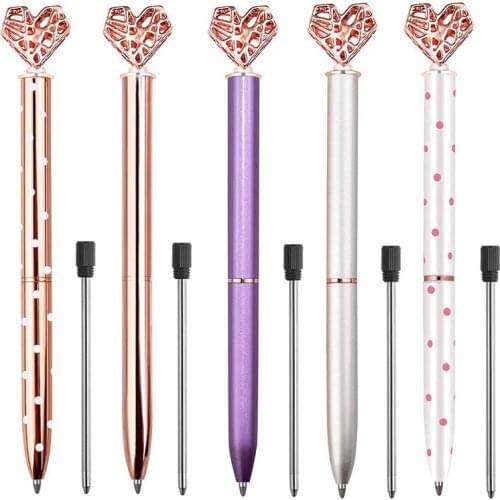 5Pcs Big Crystal Diamond Pen,Heart Shaped Pen,Bling Metal Ballpoint Pen School and Office Supplies,Rose Gold/Silver/White/Purple